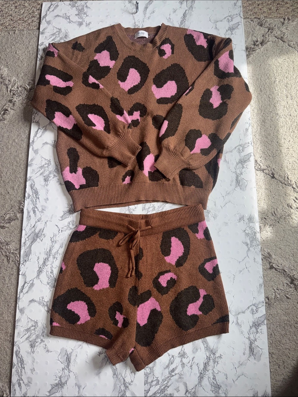 Bluivy Knit Set Brown Leopard-Print Sweater and Shorts Size S